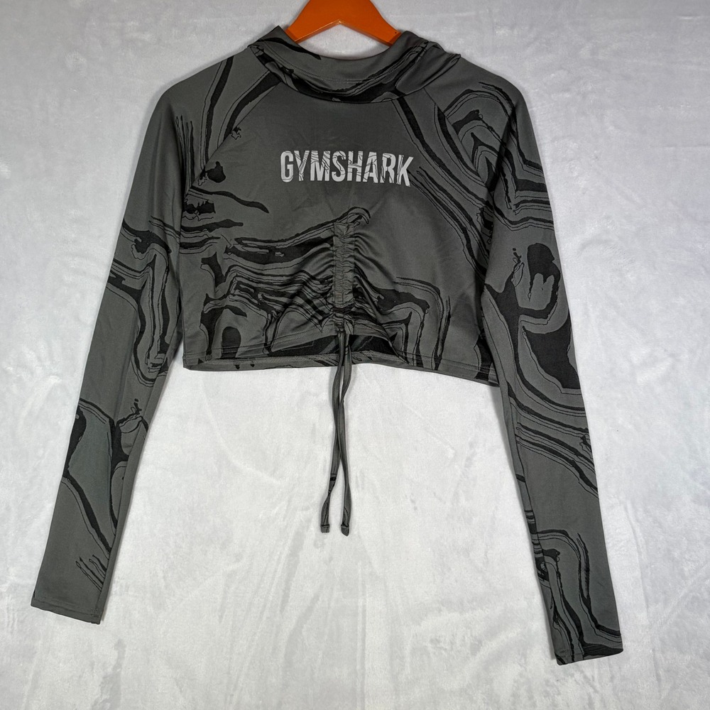 Gymshark Crop Top Womens XS Grey Black Marble Print Ruched Drawstring Hooded